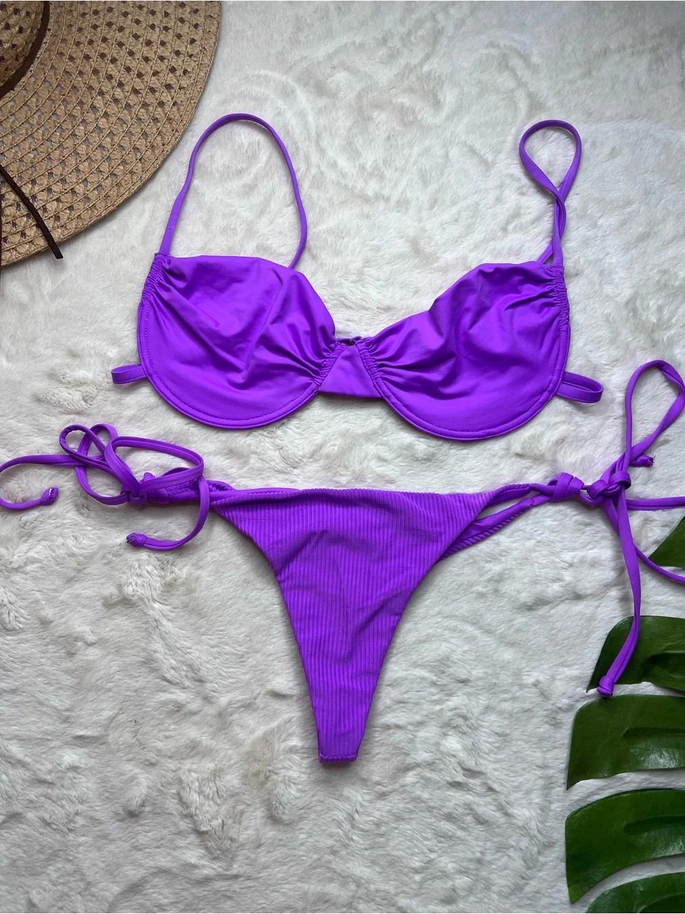 Frankies Bikinis Purple Underwire Bikini Set Ribbed Tie Side Bottoms Large